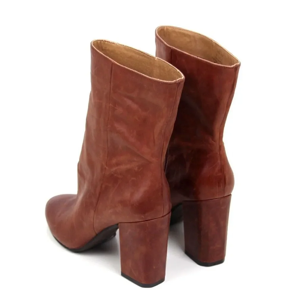 LUCKY BRAND BROWN GENUINE LEATHER MID HEEL ROUND TOE ANKLE BOOTS SHOES Sz 6.5M